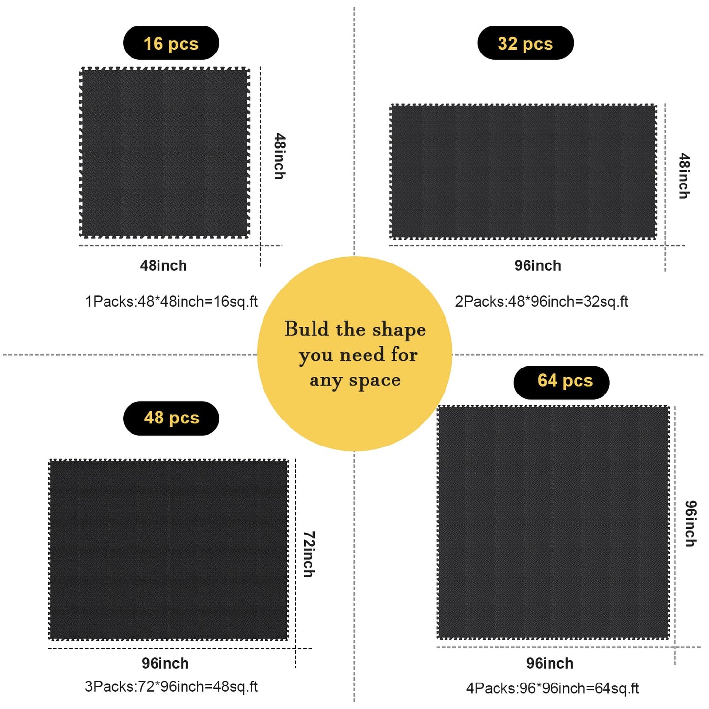Shihanee Foam Floor Baby Tiles Foam Floor Mats Play Mats Bulk With Borders Interlocking For Kids Baby Playroom Nursery Gym (Blac