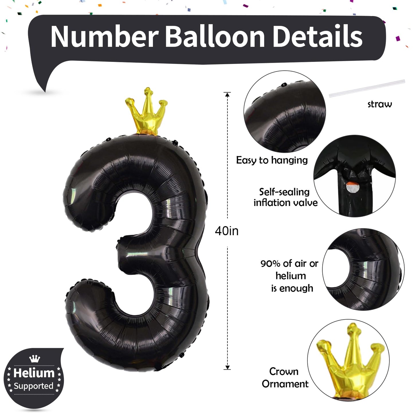 3Rd Birthday Number Balloons For Girls, 40 Inch Black Foil Number Balloons, Large Crown Number Balloons 0-9 Set For Boys 30Th Bi