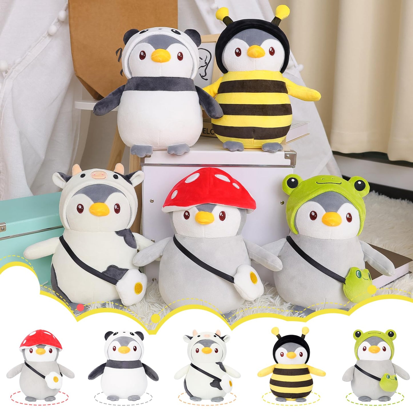 Meleceri Cute Penguin Panda Plush Toy,9.8'' Stuffed Animal With Panda Costume Outfit,Christmas Birthday Gift