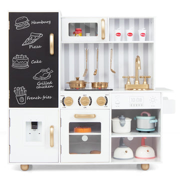 Costzon Play Kitchen For Kids, Wooden Toy Kitchen Set With Stoves, Microwave, Blackboard, Water Dispenser, Cooking Accessories, 