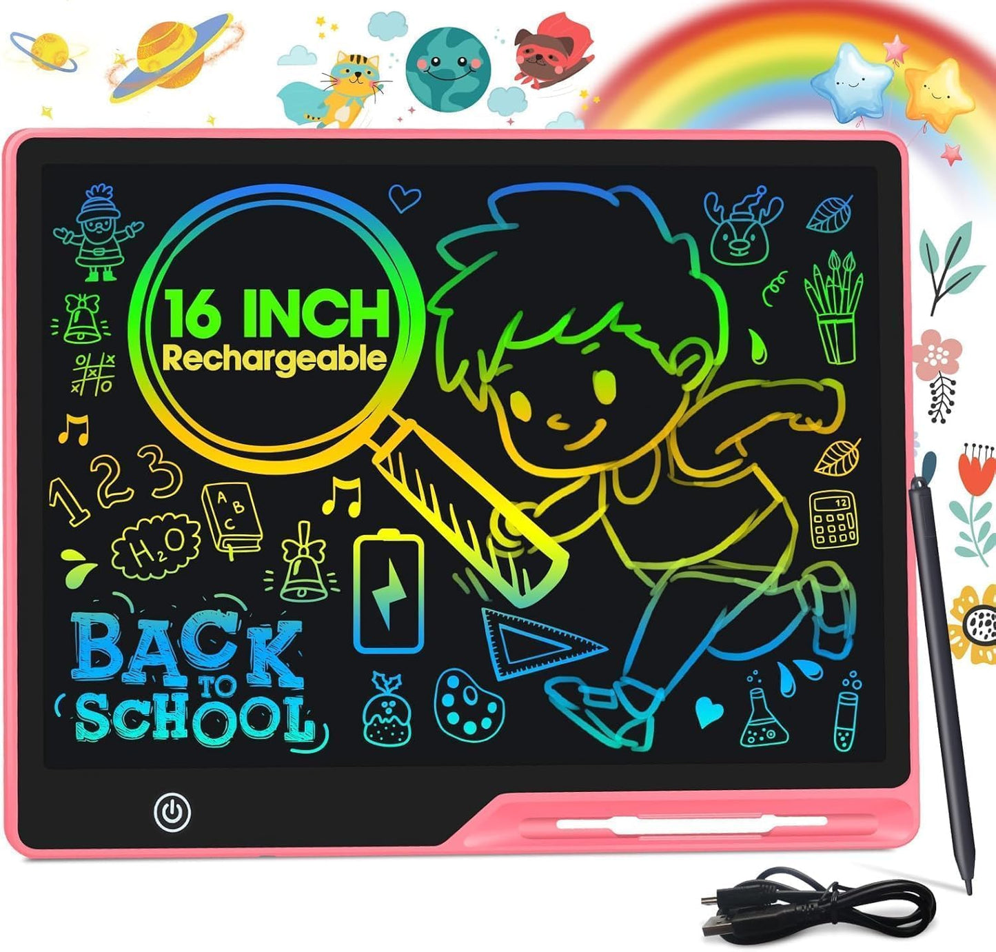 POPERFUN LCD Writing Tablet for Kids, Rechargeable Kids Drawing Pad 16 Inch Colorfuls Doodle Board, Kids Drawing Tablet Toys for