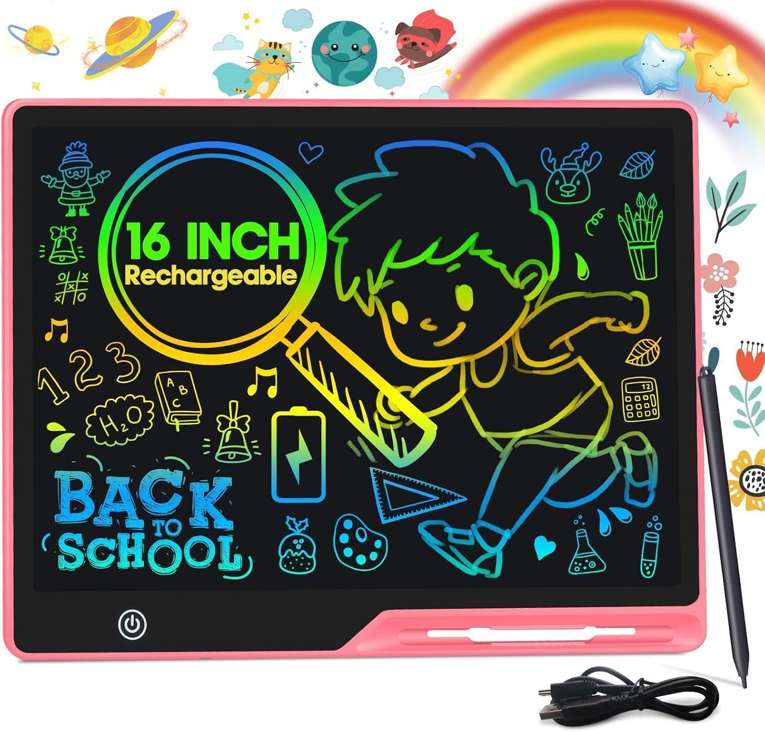 POPERFUN LCD Writing Tablet for Kids, Rechargeable Kids Drawing Pad 16 Inch Colorfuls Doodle Board, Kids Drawing Tablet Toys for