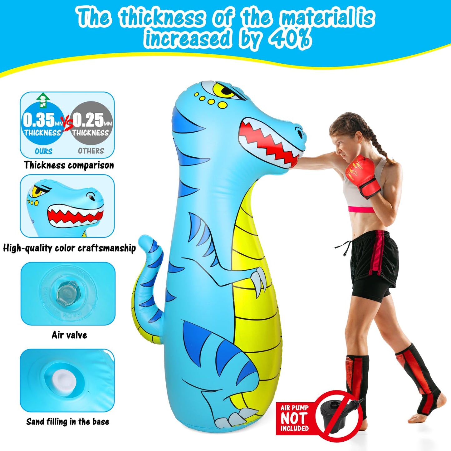 Eqard Punching Bag For Kids 47'' Inflatable Dinosaur Bop Bag With Thicker Material Instant Bounce Back With Boxing Gloves Karate