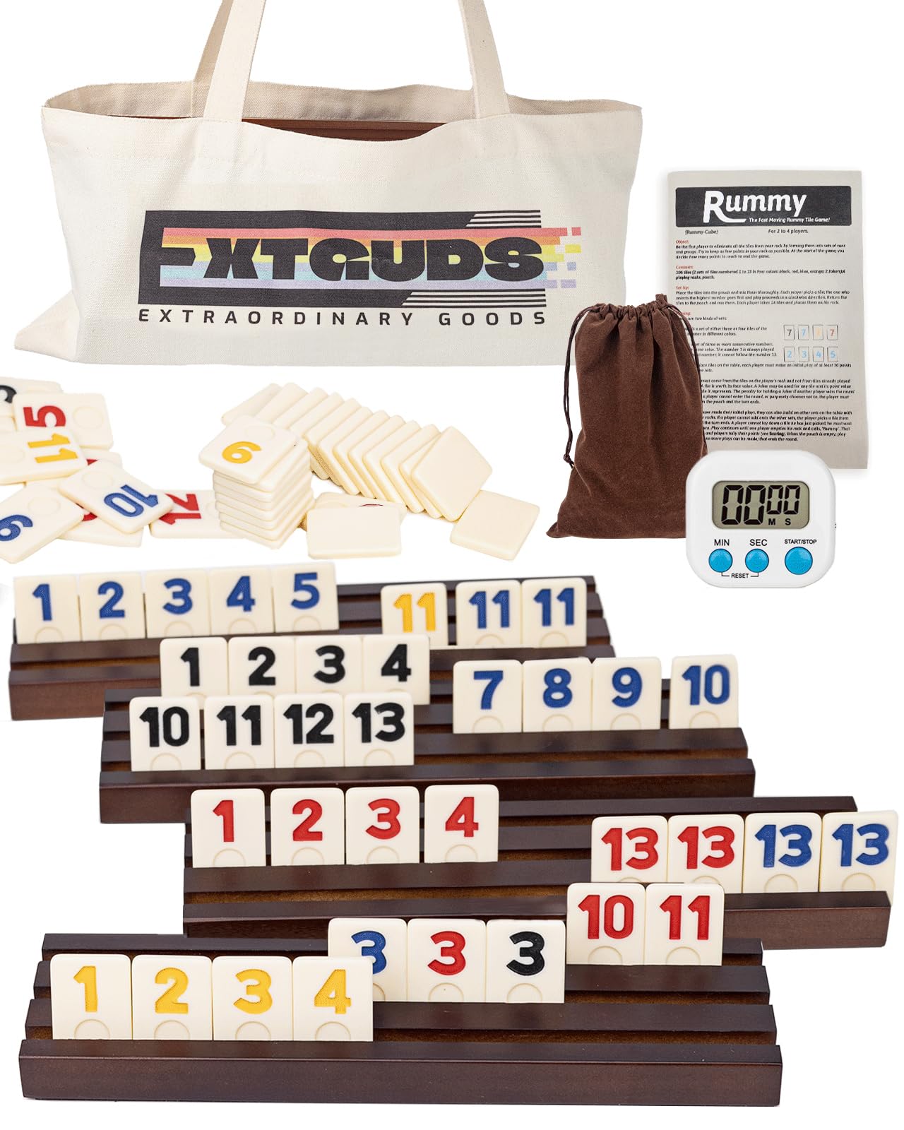 2-4 Player Rummy Cube Game Set, With 4 Wooden Racks/Trays, 106 Large Tiles Rummy Cube Game Set With Canvas Bag, Rummy Tiles Travel Set With 4 Tiles Holders For Classic And Funny Party Games,For Adults