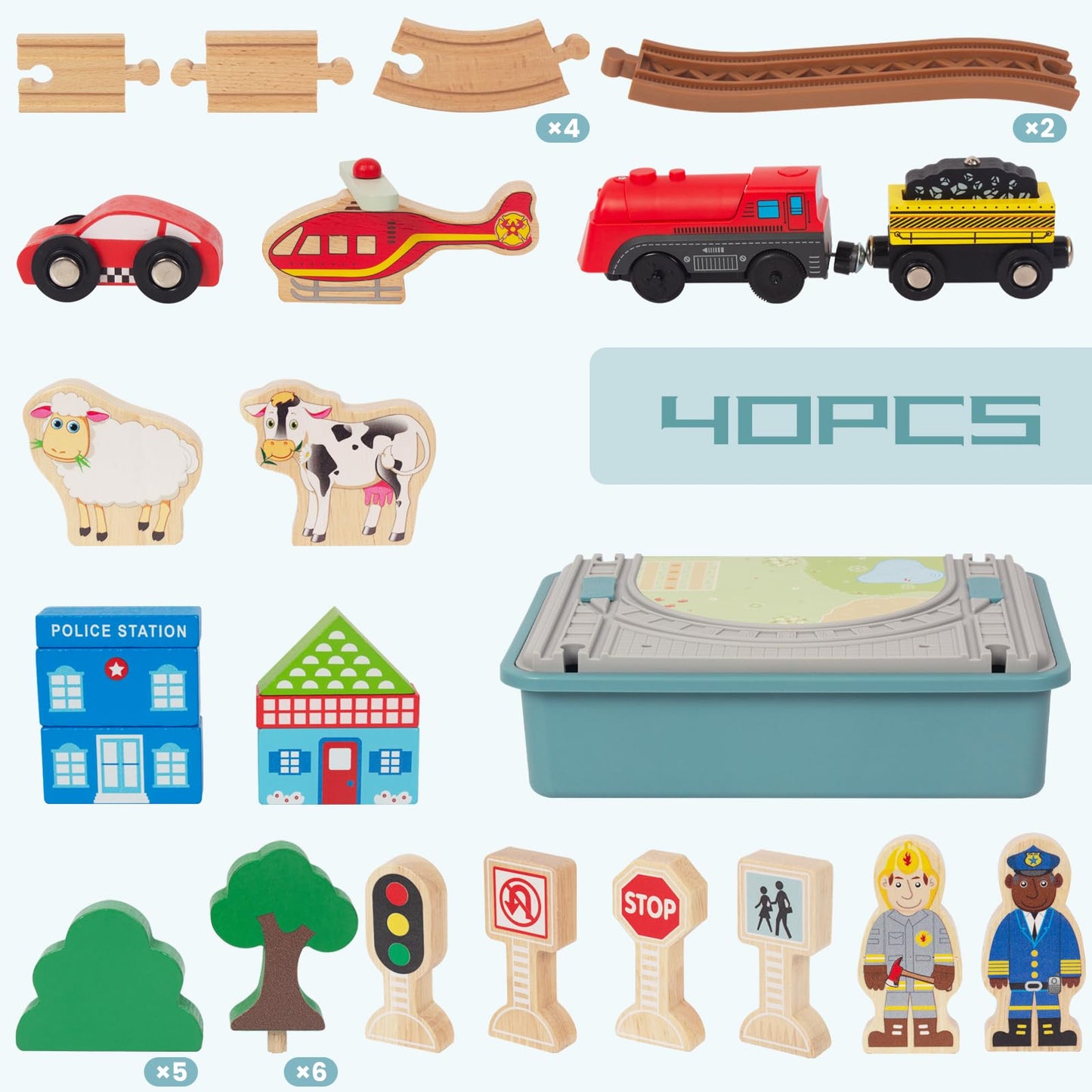 Wooden Train Set for Toddler  40 Pcs with Wooden Tracks fits Thomas  fits Brio  fits Chuggington  fits Melissa and Doug - Expandable  Changeable Train Toy for 3 4 5 Years Old Girls & Boys