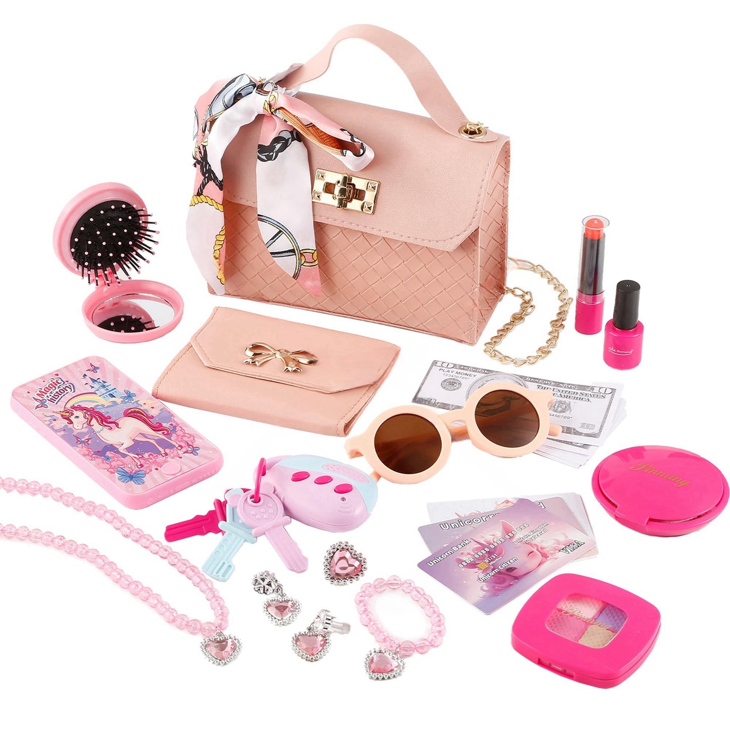 MILEILUOYUE 36Pcs Girl Wallet & Cosmetics Set, Child-Size Handbag & Mobile Phone, ABS Material, Ideal Birthday Gift for Girls 3-8 Years Old