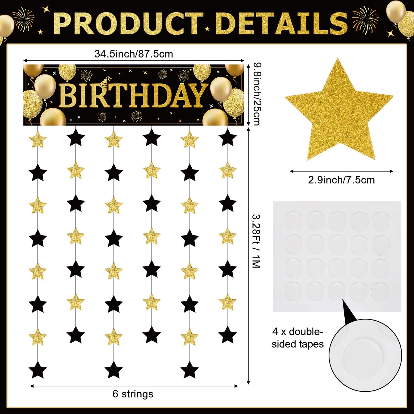 Blosssound Happy Birthday Door Decorations Golden Door Cover Banner Black and Gold Hanging Star Garland Porch Sign Backdrop Door