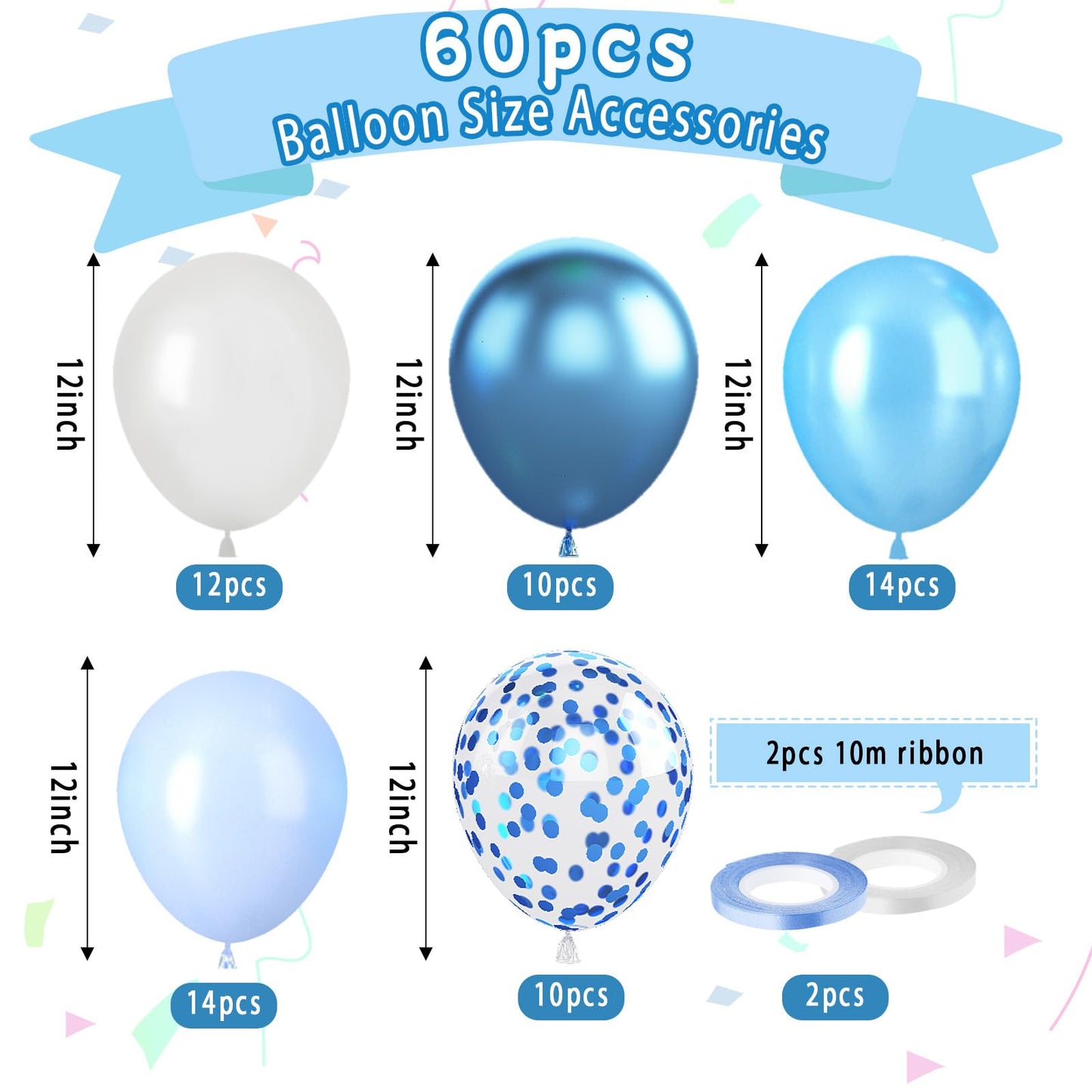 Paready Blue Balloons Set, 60 Pcs 12 Inch Pearl & Metallic Blue, Rubber Baby Shower & Birthday Decorations