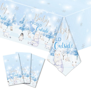 JVORFDG 3pcs Winter Woodland Tablecloth Baby Shower Table Cover Baby Its Cold Outside Theme Table Decorations Arctic Animals Pl