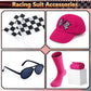G.C 8Pcs Kids Girls Race Car Driver Costume Toddler Racing Suit Rose Red Racer Dress Costumes Accessories Car Cap Knee Socks Sunglasses Flags Halloween Dress Up Clothes (M(8-9Y))