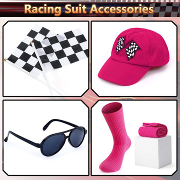 G.C 8Pcs Kids Girls Race Car Driver Costume Toddler Racing Suit Rose Red Racer Dress Costumes Accessories Car Cap Knee Socks Sunglasses Flags Halloween Dress Up Clothes (M(8-9Y))