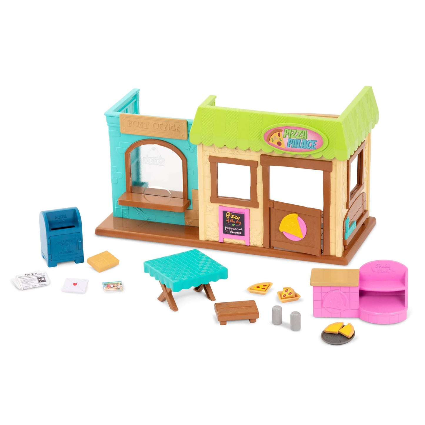 Li’L Woodzeez – Post' N Pizza Shop - 18 Pcs Dollhouse Playset Including Restaurant Furnitures, Post Office Accessories & Pretend Play Food - Gift Toy For Kids Age 3+