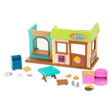 Li’L Woodzeez – Post' N Pizza Shop - 18 Pcs Dollhouse Playset Including Restaurant Furnitures, Post Office Accessories & Pretend Play Food - Gift Toy For Kids Age 3+