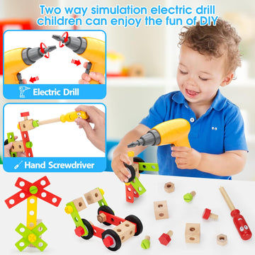 Kids Tool Set Toys for 3, 4, 5, 6, 7 Year Old Boys, Wooden Toddler Tools Set with Electric Drill & Tool Box, Montessori STEM Edu