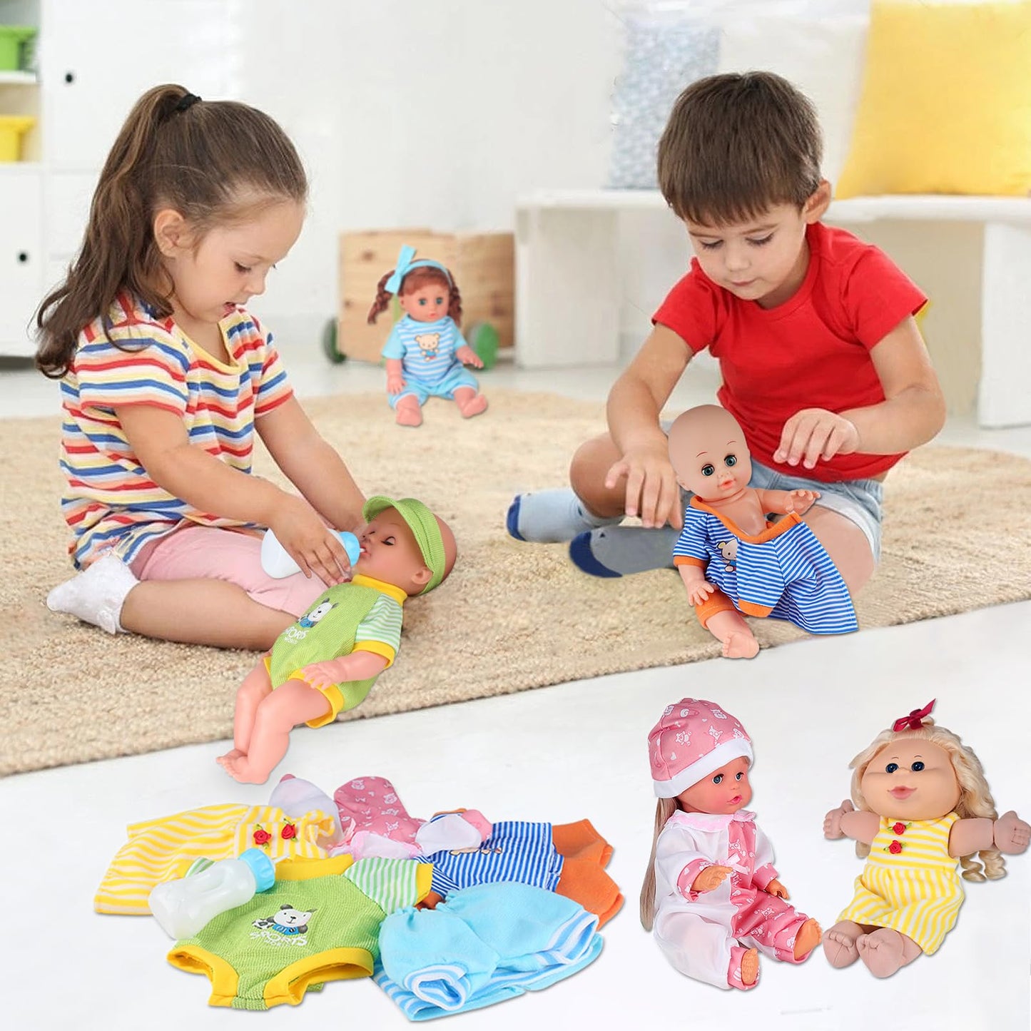 Set of 5 Baby Doll Clothes Accessories(NO Doll) with Feeding Bottle,for 12-13-14 Inch Newborn Reborn Alive Baby Doll, Dress Clot