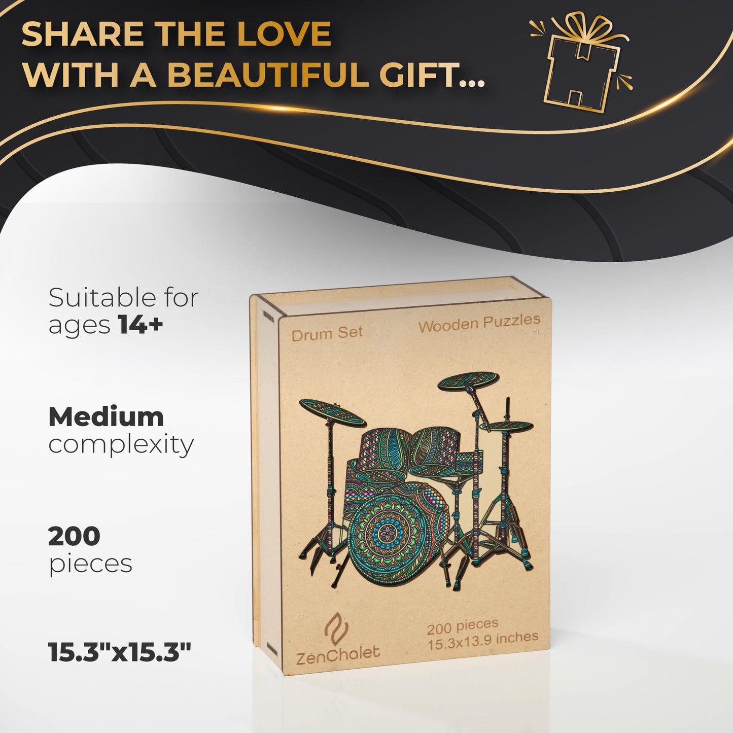ZenChalet - Drum Set Wooden Jigsaw 200 Piece Puzzle - Unique Wooden Puzzles for mature-themeds  Cool Puzzle Brain Teaser - Unique Music Puzzle  Rompecabezas para mature-themedos