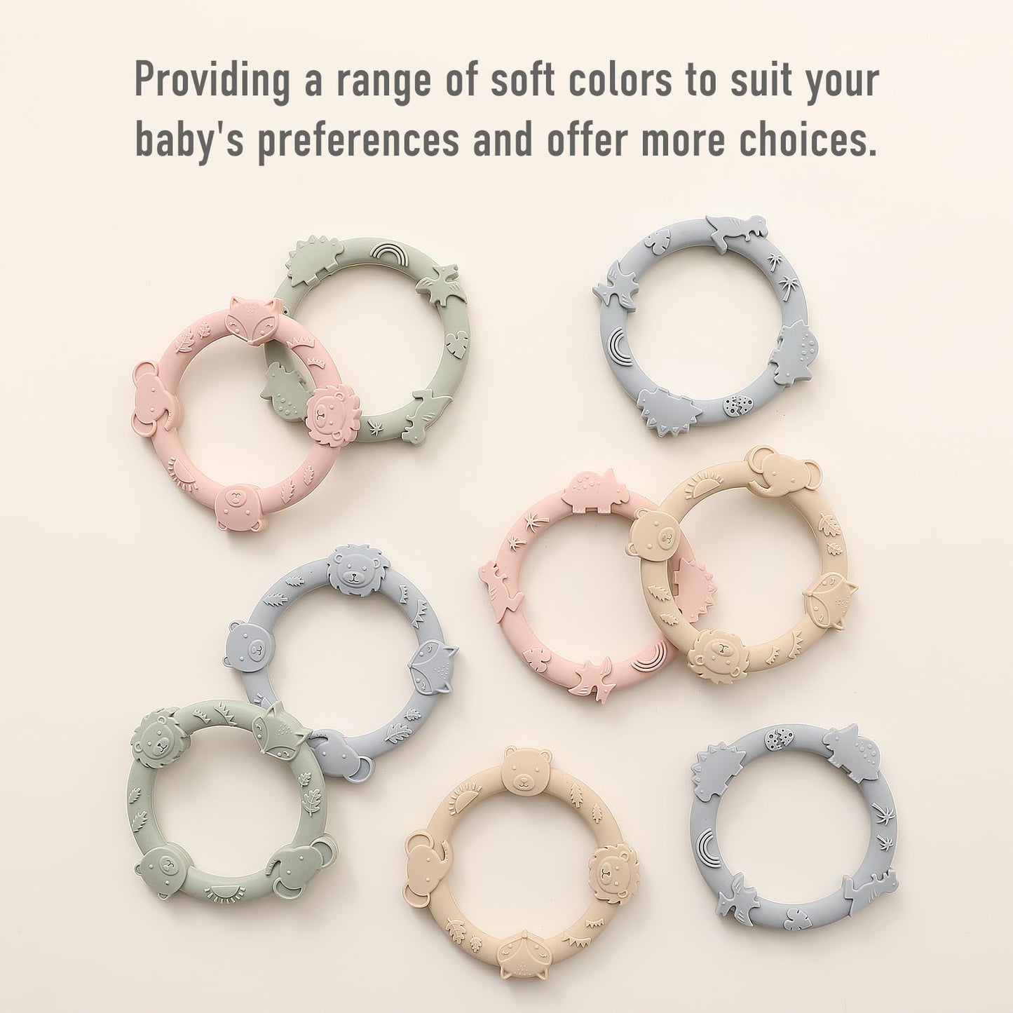 YIVEKO Silicone Teethers for Babies 0-6 6-12 Months Teething Toys for Infants Baby Chew Toys for Sucking Needs Baby Teething Rings for Infant Boys and Girls 3 Pack-Dinosaur-Blush