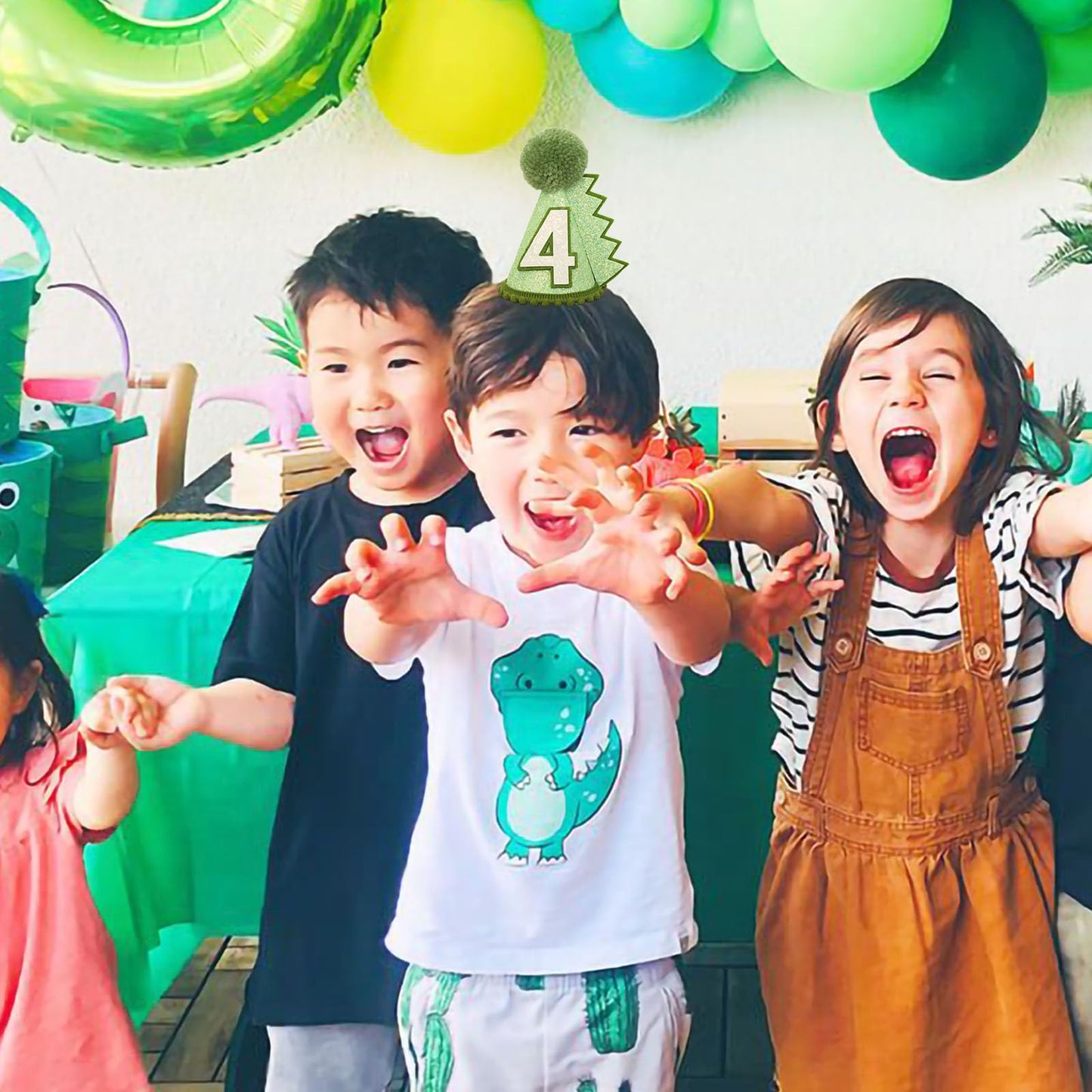HODIHIWI Dinosaur 4th Birthday Hat Green Dino Theme Party Decoartion Favors For Boys Girls