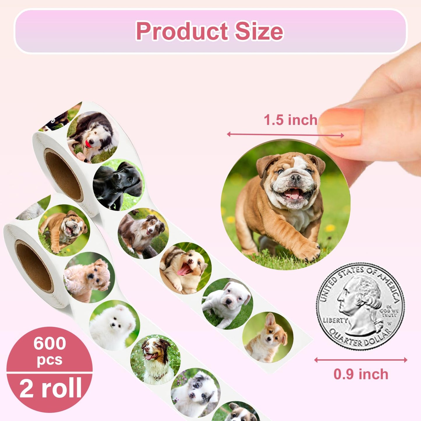 UVUXO 600 Pcs Dog Stickers for Kids- 1.5 Inch Round Stickers Roll 16 Tyles Cute Puppy Kindergarten Stickers Teacher Sticker for
