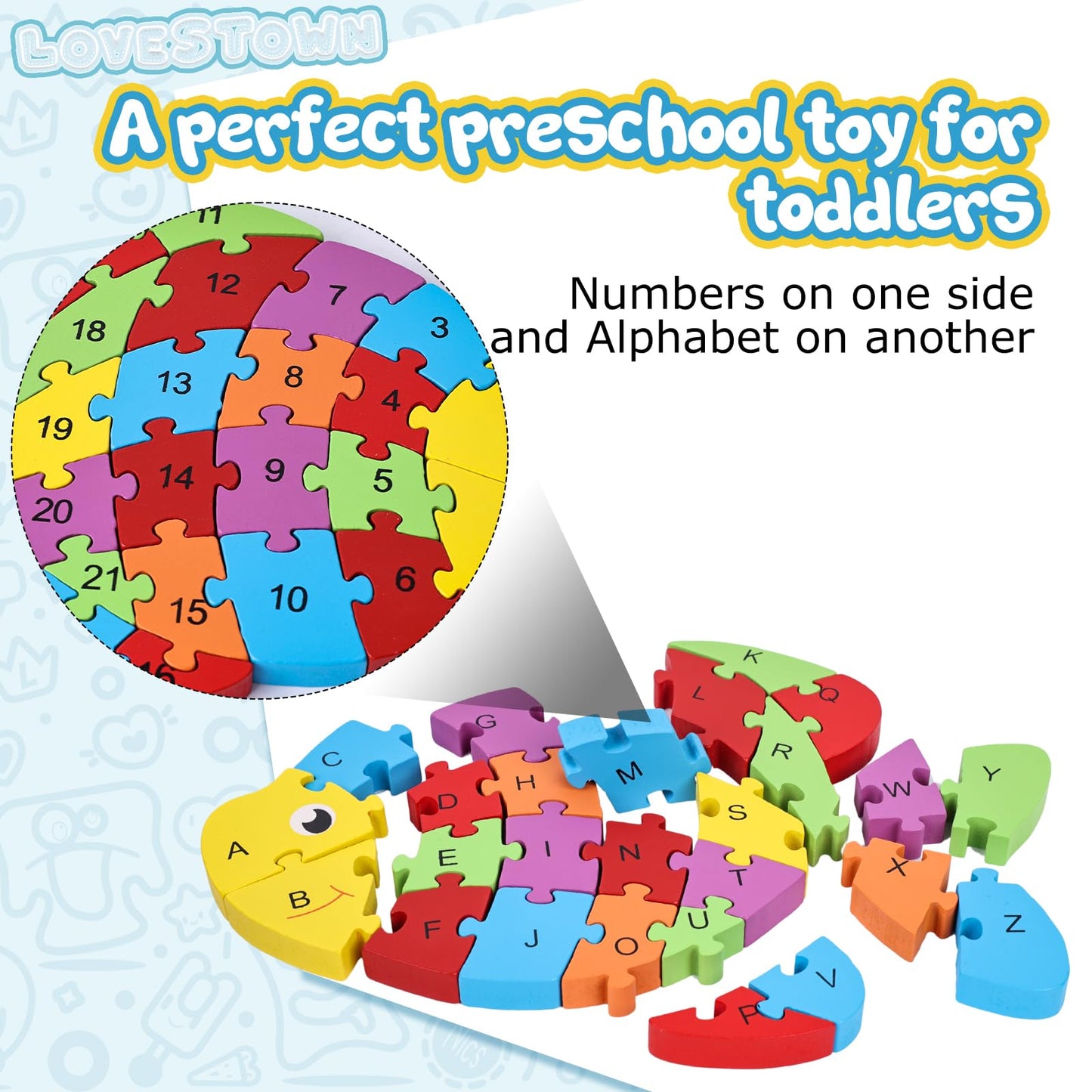 Lovestown Goldfish Wooden Puzzle, 26Pcs Jigsaw Puzzle Alphabet And Number Building Blocks For Kids Toddler Preschool
