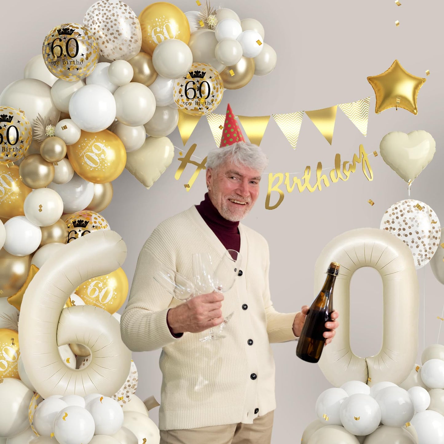 60Th Birthday Decorations Sand White Gold,60Th Birthday Balloon Arch Garland Kit With Happy 60Th Birthday Number 60 Foil Balloon