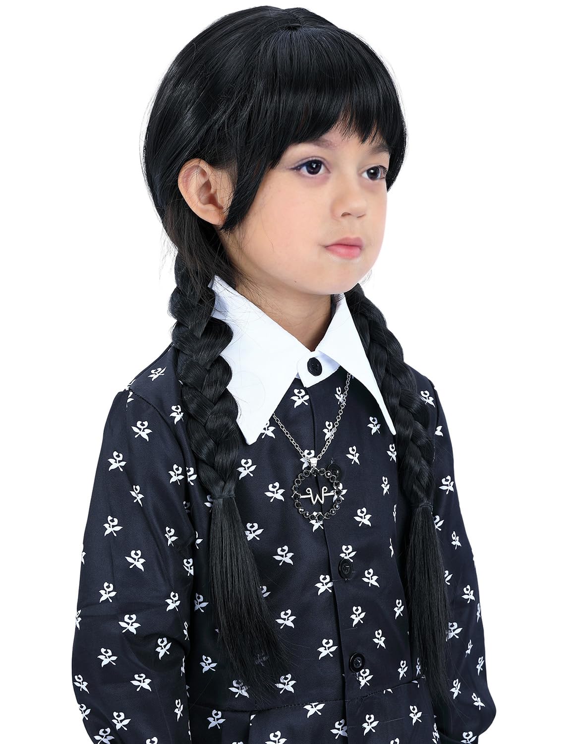Bettecos Long Black Braided Wig For Girls With Necklace Heat Resistant Synthetic Pigtails Hair Wigs For Kids Halloween Party Cos