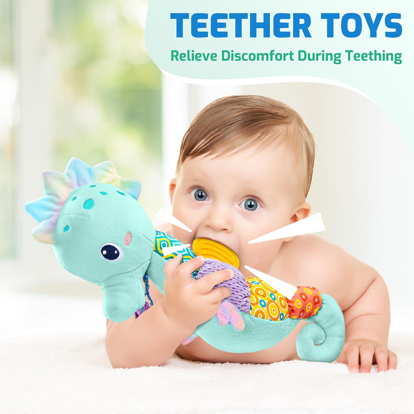 Sumobaby Infant Baby Musical Stuffed Animal Activity Soft Toys With Multi-Sensory Crinkle, Rattle And Textures, For Tummy Time Newborn 0-3-6-12 Months Boys, Girls, Seahorses, Blue