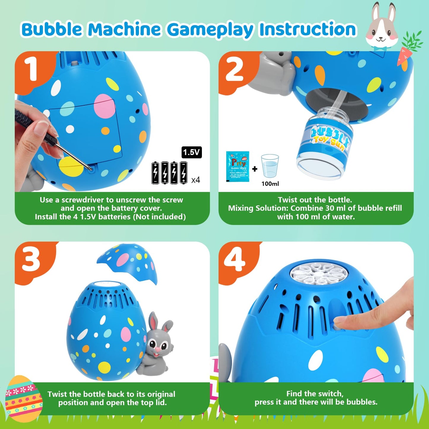 Easter Egg Bubble Machine For Kids Automatic Bubble Blower Rabbit Bubble Maker For Outdoor Easter Party Gift For Toddlers Blue