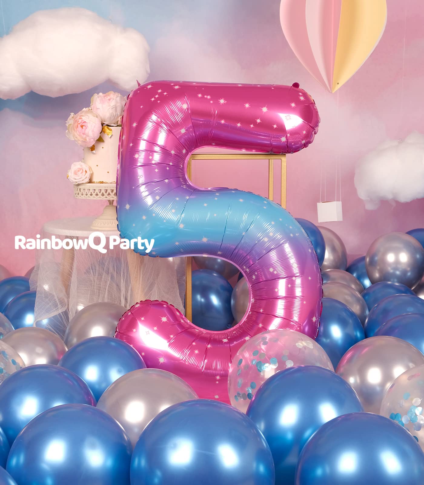 Rainbowq 5 Balloon Number 40 Inch For Boy Or Girl Big Starry 0-9 Foil Mylar Large Number 5 Balloon Happy 5Th Birthday Party Anni