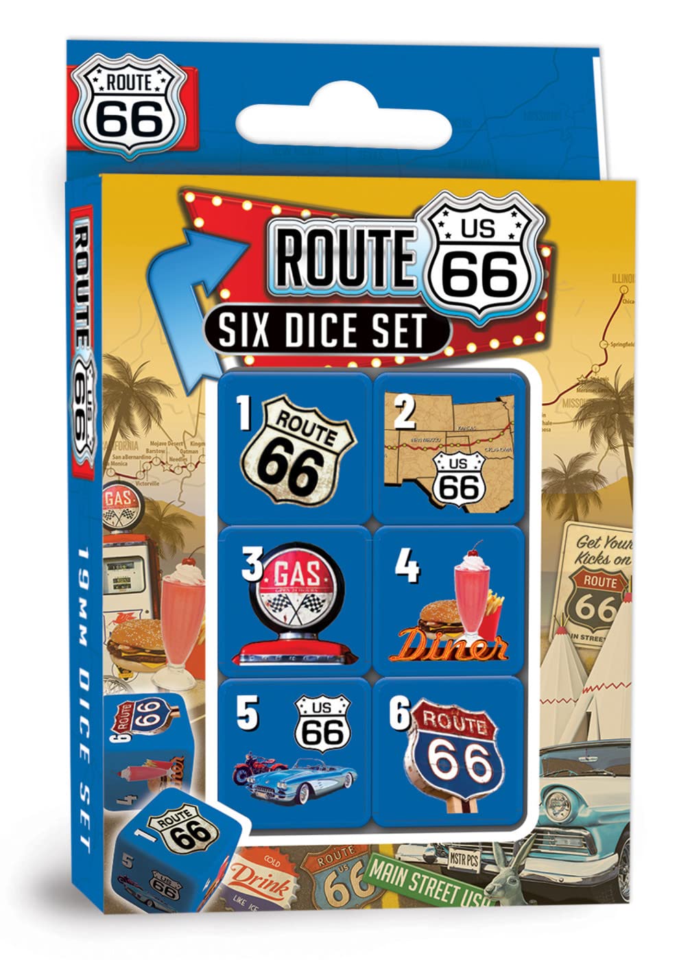 MasterPieces Game Day - Route 66 Dice Pack - 6 Piece Officially Licensed Dice Set - D6 Standard Size
