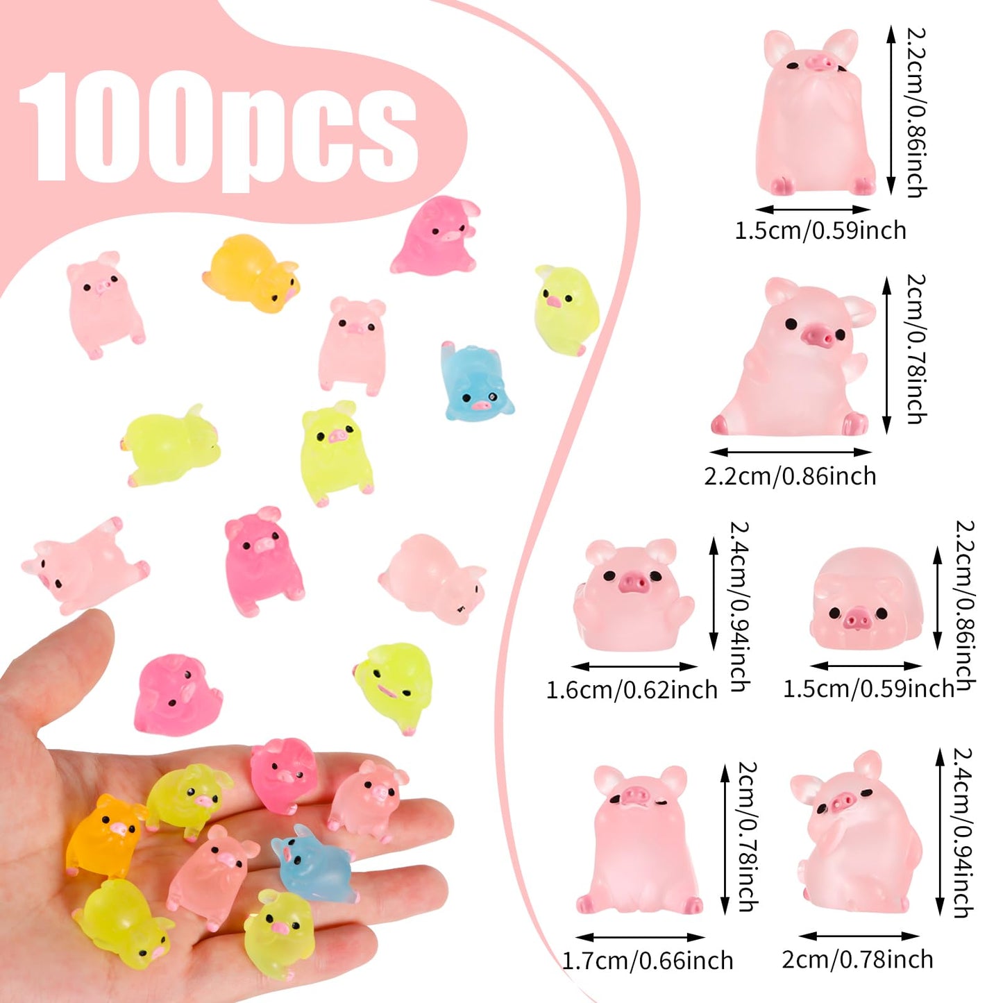 Fuyamp 100 Pieces of Mini Resin Luminous Pig in The Dark Tiny Pig Luminous Mini Portrait Mini Fairy Garden DIY Christmas Birthda