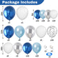 Metallic Blue Silver Balloons Garland Arch Kit, 117Pcs 18/12/10/5 Inch Chrome Blue Light Blue White Sliver Confetti Balloons For