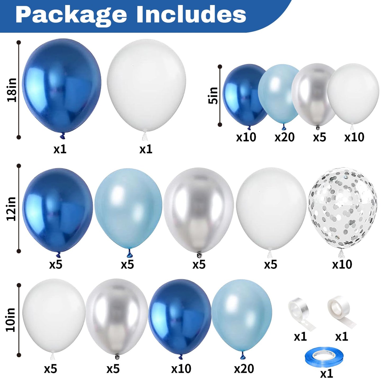 Metallic Blue Silver Balloons Garland Arch Kit, 117Pcs 18/12/10/5 Inch Chrome Blue Light Blue White Sliver Confetti Balloons For