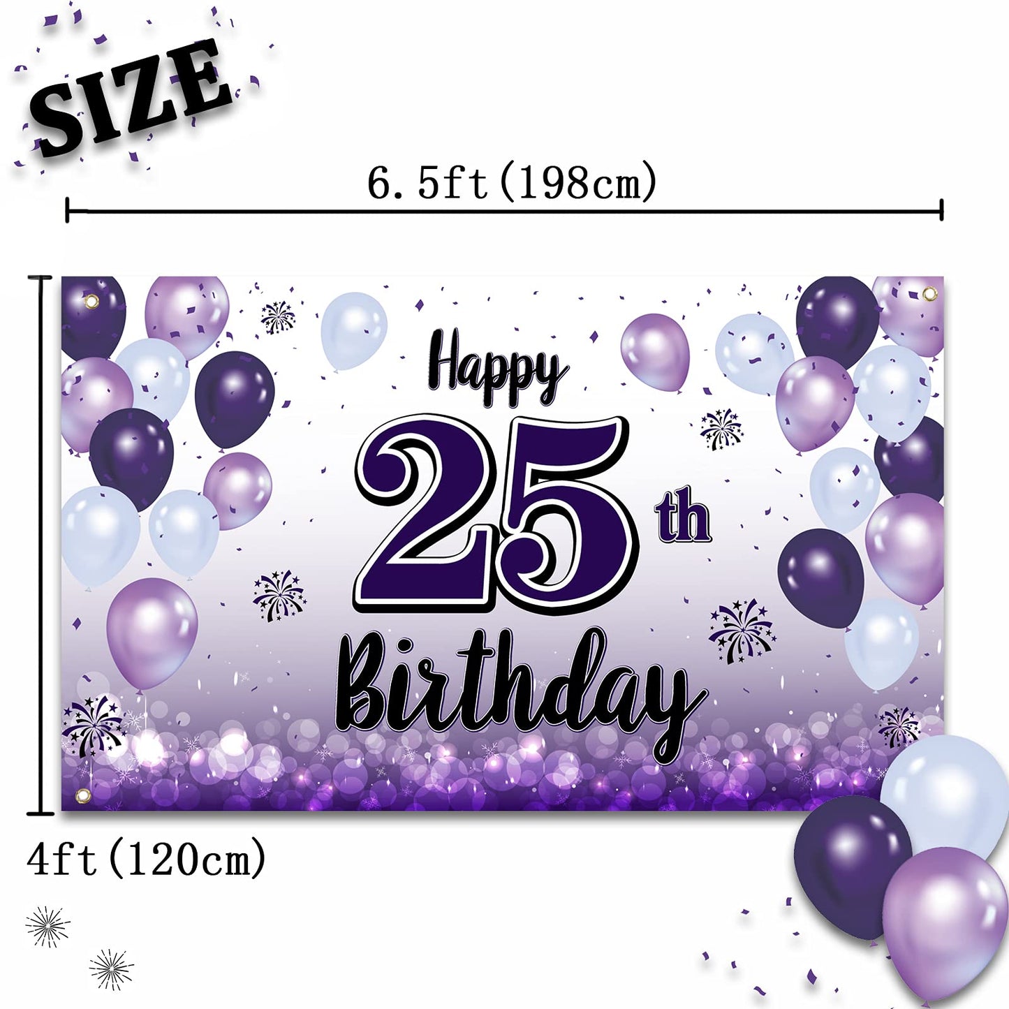 LASKYER Happy 25th Birthday Decorations,25th Purple Balloon Large Birthday Banner Backdrop Sign,25 Years Old Bday Party Supplies