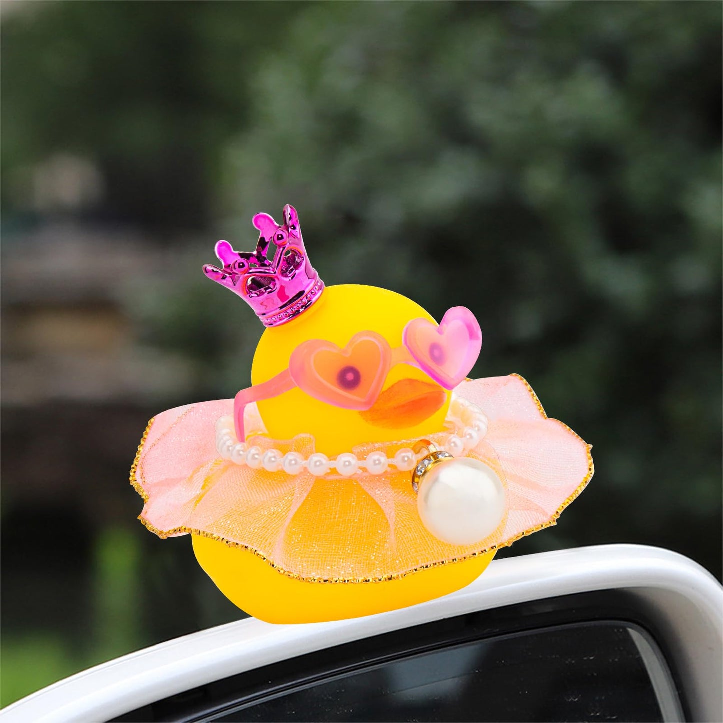 Wonuu Rubber Duck Car Ornament, Mini Pink Tulle Skirt & Crown, Pearl Necklace, Glasses, Casual Decoration
