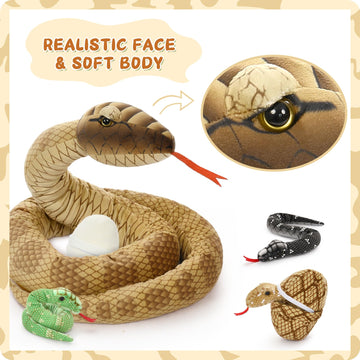 Morismos Giant Snake Stuffed Animal Mommy With Babies, Realistic Stuffed Snakes Plush Toy, 80' Long Brown Boa Constrictor For Kids, Girls, Boys, Halloween, 3 Snake Babies, 3 Snake Eggs