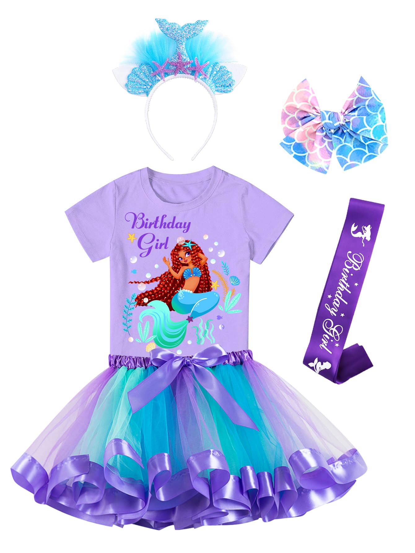 Doctor Unicorn Birthday Girls Mermaid Outfit Set Costume Tutu Skirt Dress, Mermaid Birthday Shirt, Headband & Satin Sash (Purple-2, 6-7 Years)