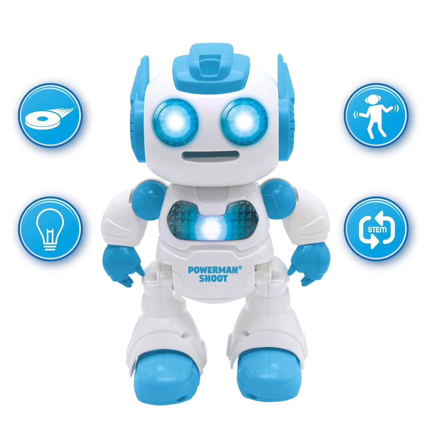 LEXiBOOK  Powerman Shoot - My First tossing-disc Robot  Programmable Remote Control Robot  Plays Music and Dances  Sound and Light Effects  12 Foam Discs  ROB17  White/Blue