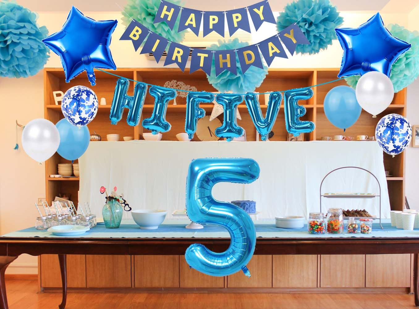 5th Birthday Decorations Rose gold for Girls,Hi Five Birthday Balloons 5th Birthday Banner Number 5 Star Foil Balloons Latex Con