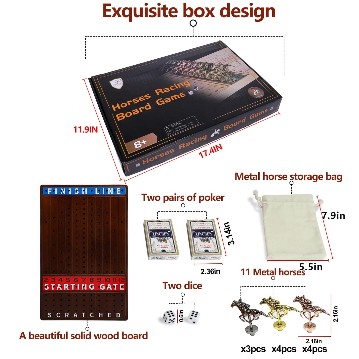 Grhonior Original Horse Racing Board Game with 11 Luxurious Durable Metal Horses Full Size Solid Wood Horse Race Board Game Set