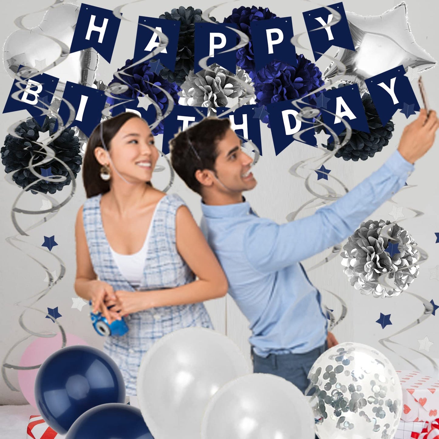 Zerodeco Birthday Decorations For Men, Navy Blue Birthday Party Decorations Happy Birthday Banner Pompoms Balloon For Boys Girls