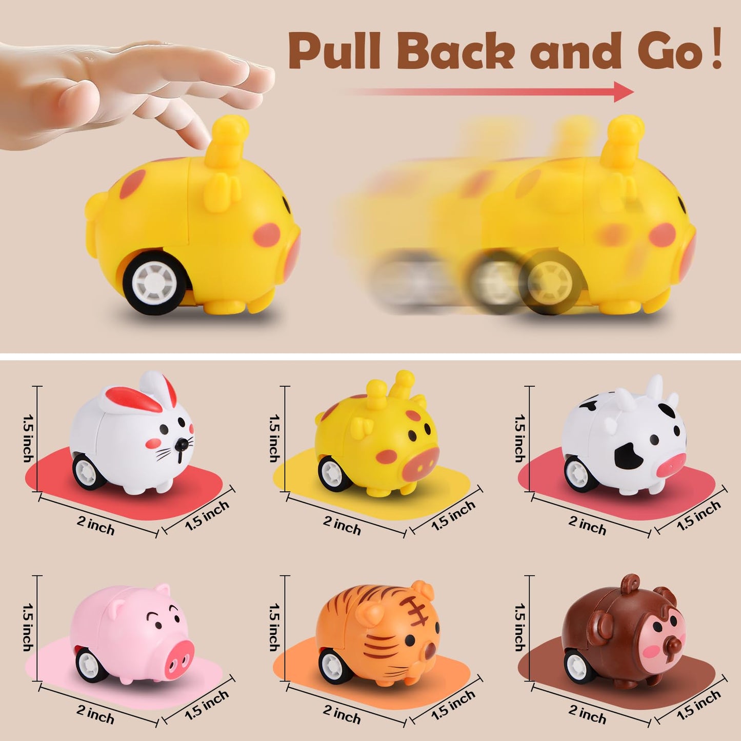 33 Pcs Mini Animal Pull Back Toy Cars for Boys Girls Kids Toddlers, Party Favors Teacher Classroom Treasure Box Prizes, Pinata F