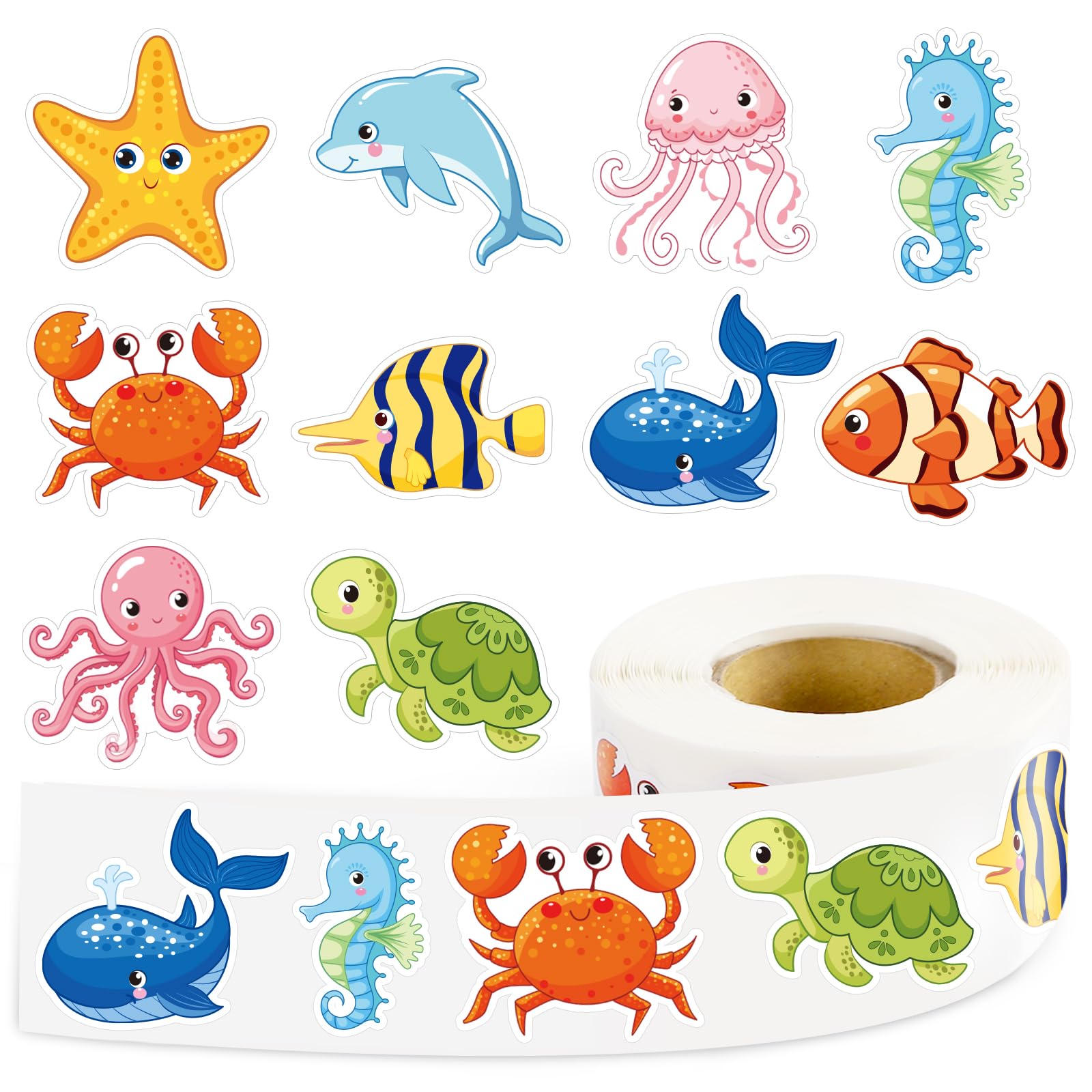 DECYOOL 800 Pcs Ocean Animal Stickers Roll for Kids, Sea Animal Stickers Decor, Fish Decals for Ocean Theme Parties, Summer Part