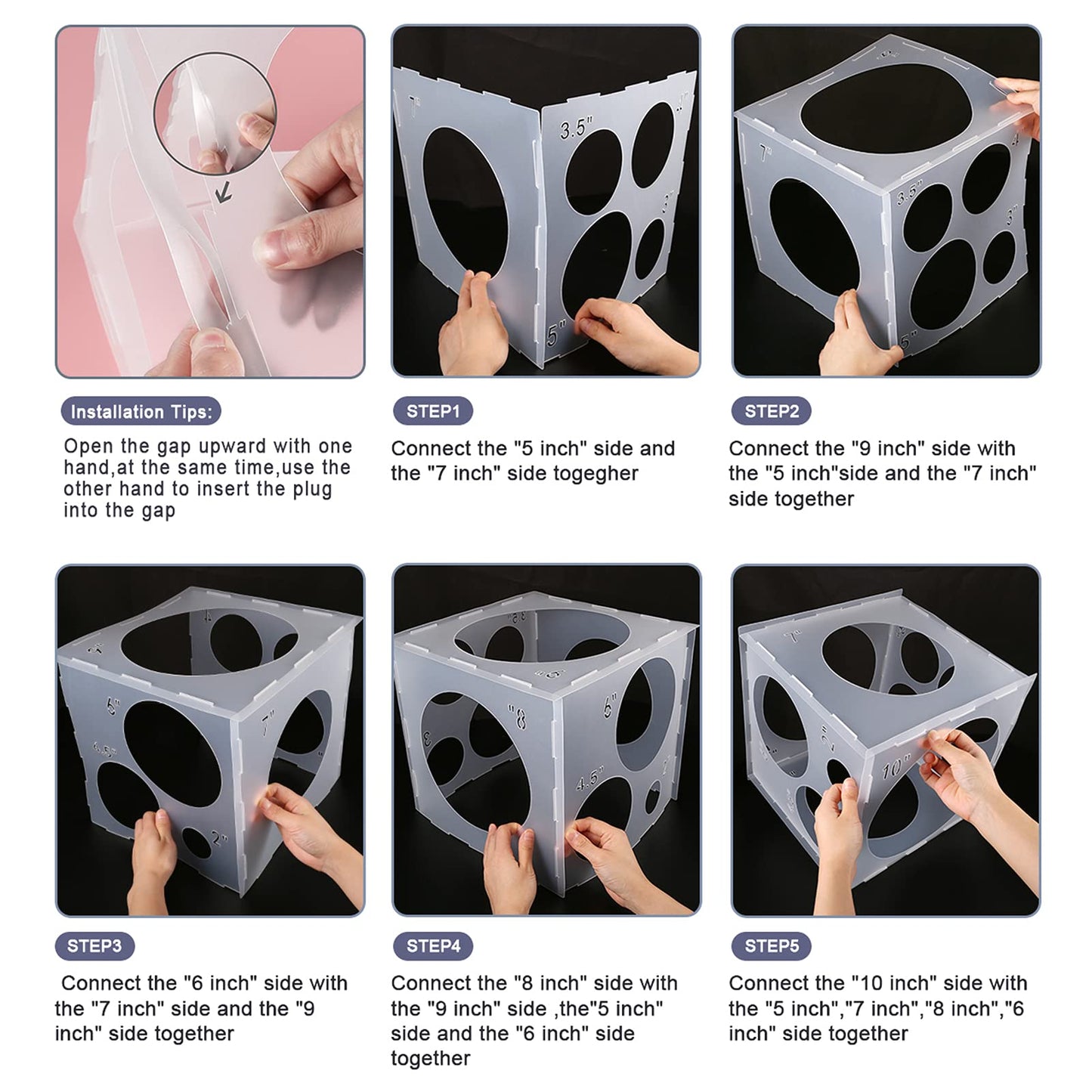 Auihiay 12 Holes Balloon Sizer Cube Box Collapsible Plastic Balloon Measurement Tool For Balloon Decorations, Balloon Columns, Balloon Arches (2-10 Inch)