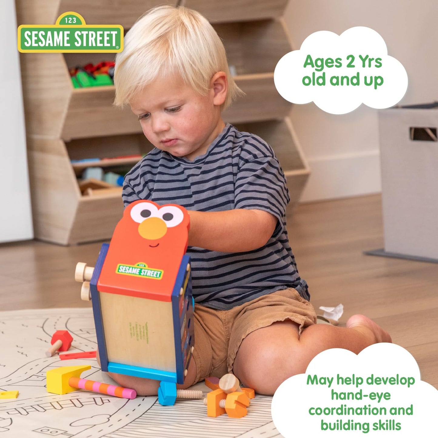 KIDS PREFERRED Sesame Street Wood Toolbox with Building Toys for Toddlers
