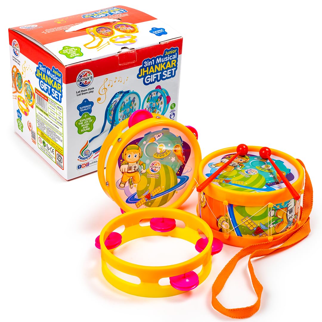 RatnaS 3 In 1 Musical Jhankar Gift Set Junior Space Printed Drum Dafli Toy Musical Instrument With 2 Mallets For Kids