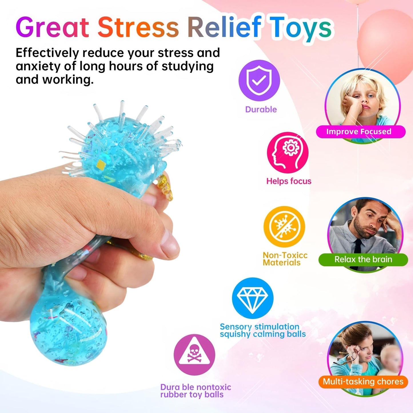 6 Pack Unicorn Stress Balls, Squishy Squeeze Balls Fidget Toys For Kids Girls Boys Adults, Christmas Stocking Stuffers Valentine