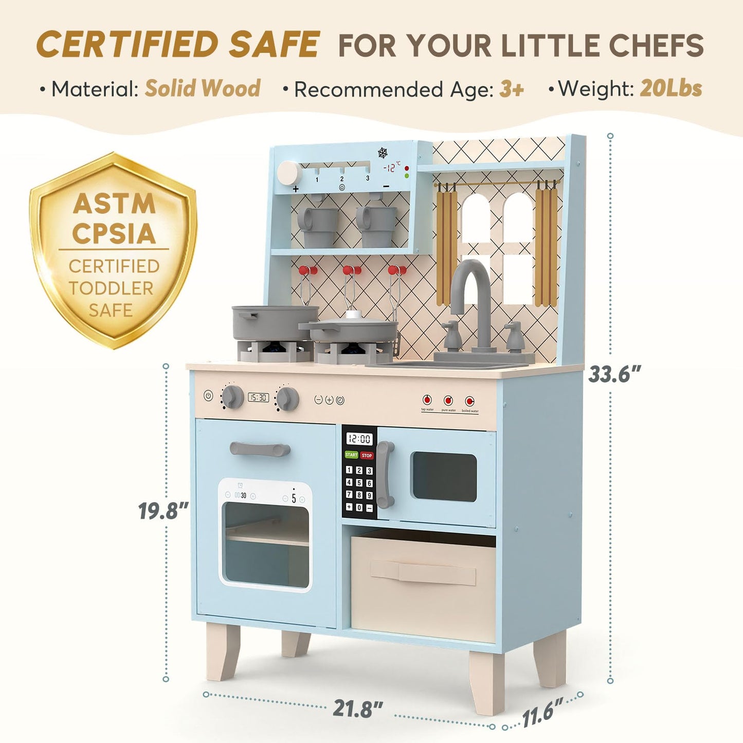 Bierum Play Kitchen With Realistic Lights & Sounds, Wooden Kitchen Playset Chef Pretend Play Set For Toddlers, Toy Kitchen With