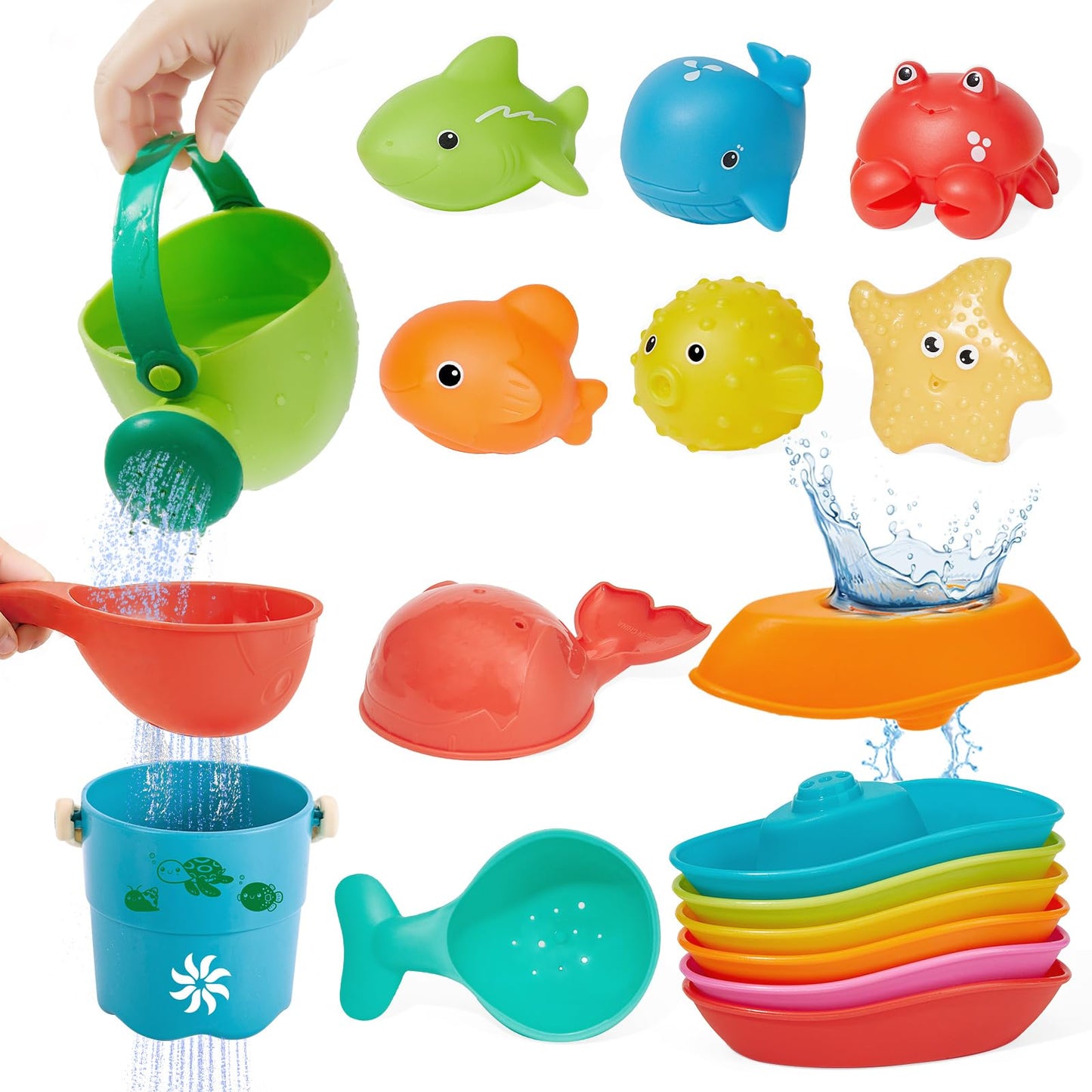 Baby Bath Toys for Kids  16PCS Mold Free Bathtub Water Play Toys with Floating Boats Bucket Watering Can Spoons and Storage Bag  No Holes Animal Floating Pool Toys for Babies and Toddlers