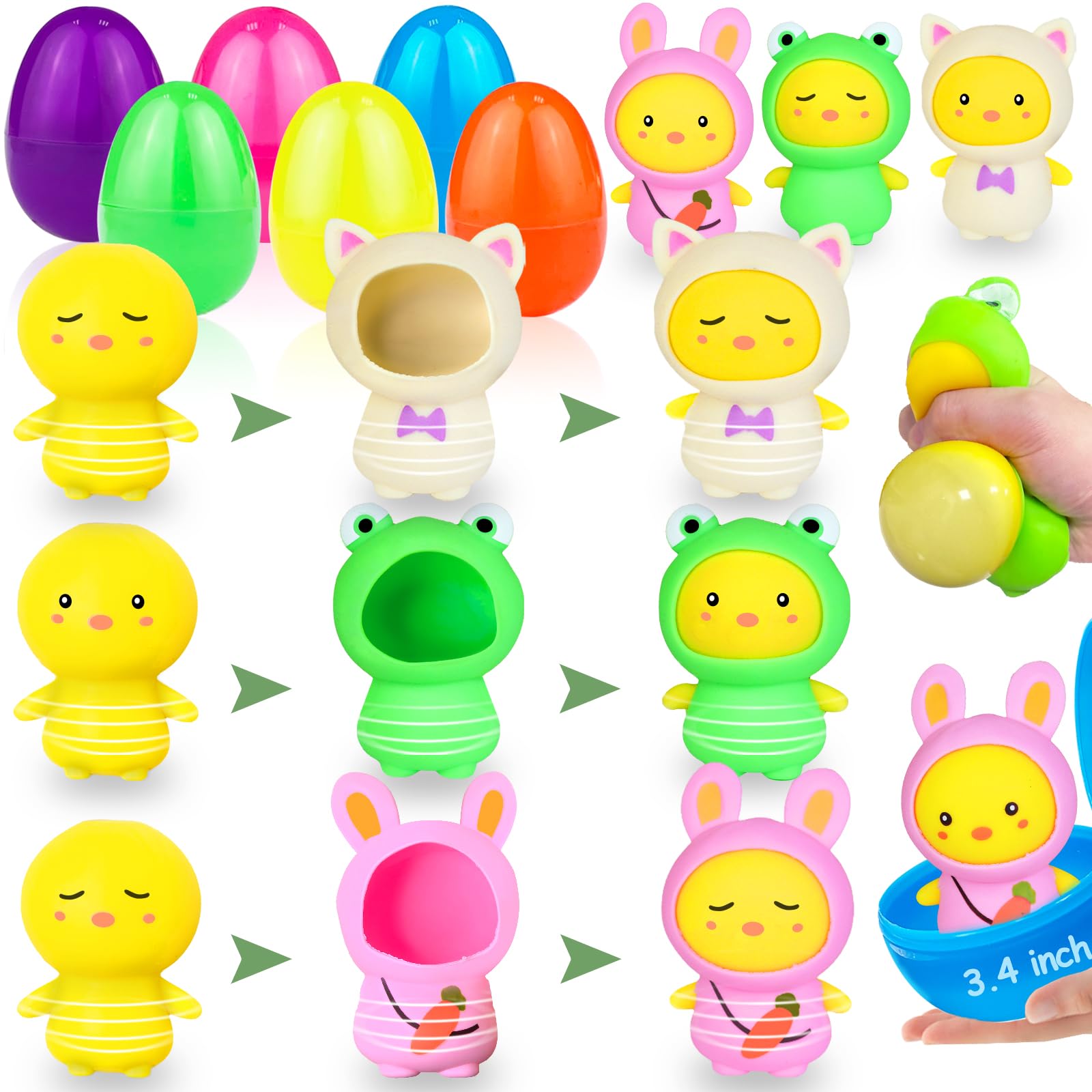 Igeekid 12 Pcs Jumbo Easter Eggs Filled Animal Squeeze Balls Toys,Chicks Costume Change Stuffers Stress Relief Toys For Kids Eas